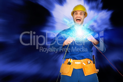 Composite image of repairman screaming while holding wires