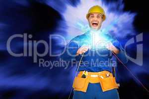 Composite image of repairman screaming while holding wires