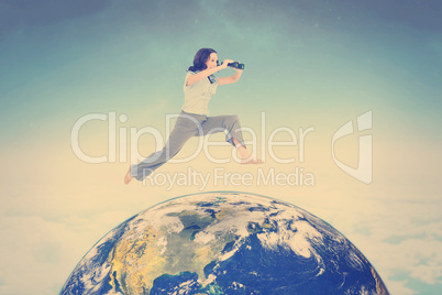 Composite image of cheerful classy businesswoman jumping while h