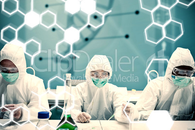 Composite image of chemists working in protective suit with futu