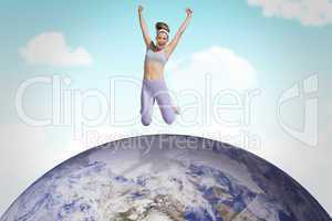 Composite image of sporty happy blonde jumping