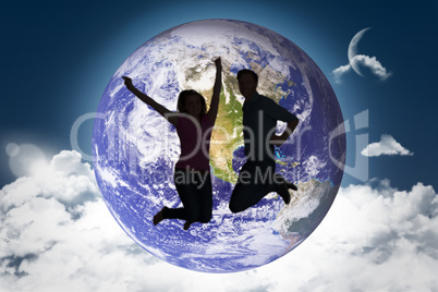 Composite image of cheerful young couple jumping