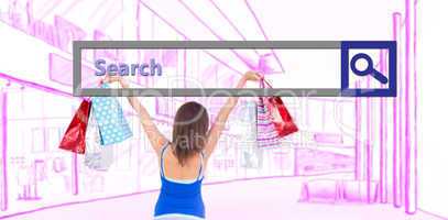 Composite image of rear view of a brunette woman raising shoppin