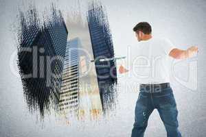 Composite image of man using paint roller on white background