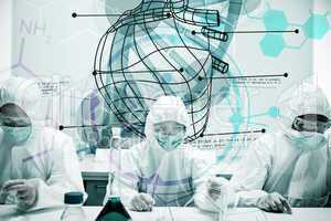 Composite image of chemists working with futuristic interface sh