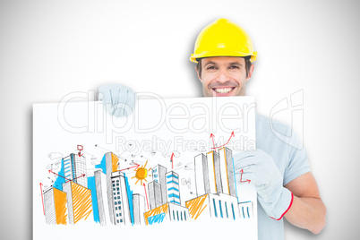 Composite image of happy architect with bill board over white ba