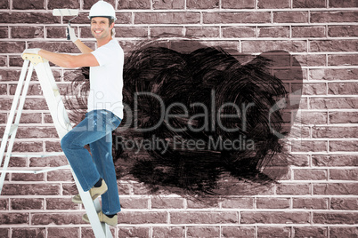 Composite image of portrait of man on ladder painting with roller