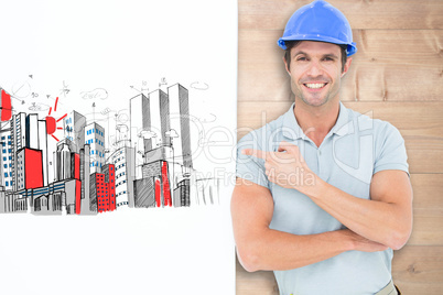 Composite image of smiling architect with bill board over white
