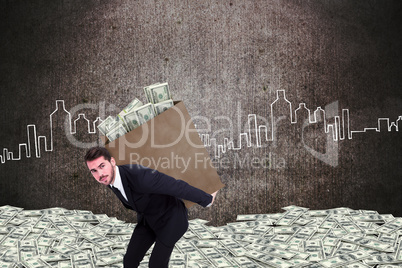 Composite image of businessman carrying bag of dollars