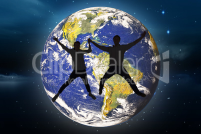 Composite image of couple jumping and holding hands