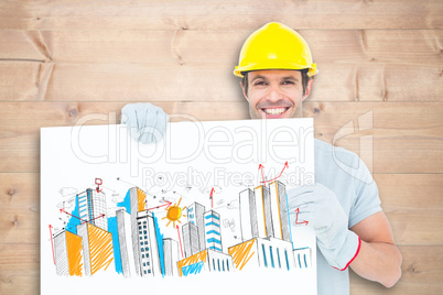 Composite image of happy architect with bill board over white ba