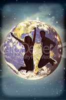 Composite image of cheerful young couple jumping