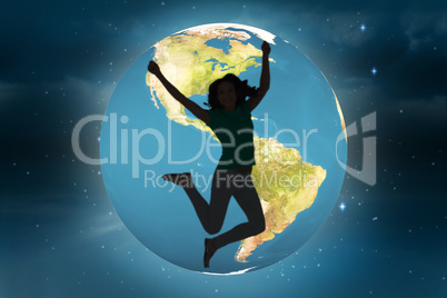Composite image of pretty brunette jumping and smiling