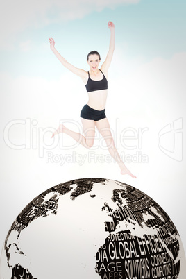 Composite image of full length of a sporty young woman jumping
