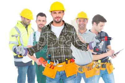 Composite image of handyman wearing tool belt