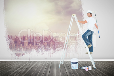 Composite image of happy man on ladder painting with roller