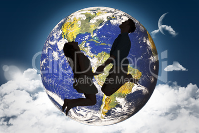Composite image of cheerful young couple jumping