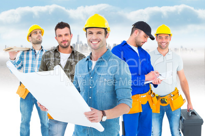 Composite image of happy architect holding blueprint in house