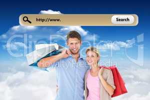 Composite image of attractive young couple holding shopping bags