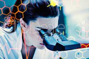 Composite image of young scientist using a microscope