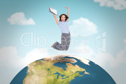 Composite image of happy classy businesswoman jumping while hold