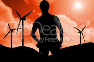 Composite image of happy carpenter wearing hard hat