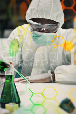Composite image of woman working in protective suit