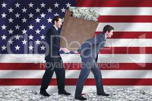 Composite image of businessmen carrying bag of dollars