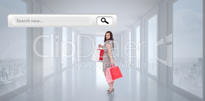 Composite image of elegant brown hair posing with shopping bags