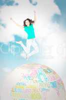 Composite image of pretty brunette jumping and smiling