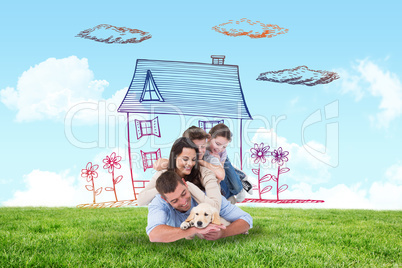 Composite image of happy family with puppy