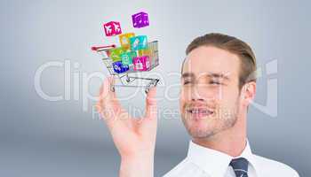 Composite image of happy businessman holding his hand up