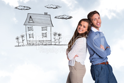Composite image of portrait of happy couple back to back