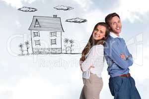 Composite image of portrait of happy couple back to back