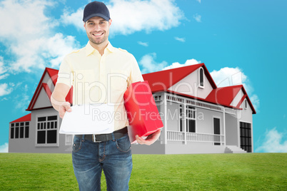 Composite image of courier man with red box giving clipboard