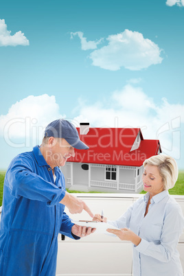 Composite image of happy delivery man with customer