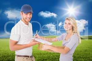 Composite image of happy delivery man giving package to customer