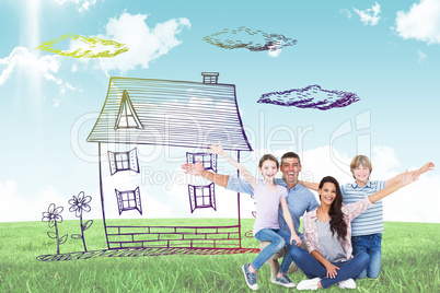 Composite image of happy family with arms outstretched over whit