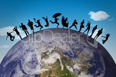 Composite image of silhouette of family jumping