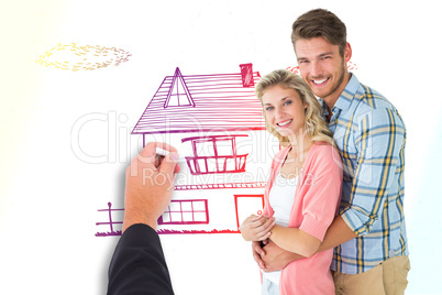 Composite image of attractive couple embracing and smiling at ca