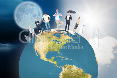 Composite image of people standing on earth