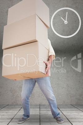 Composite image of man carrying pile of boxes