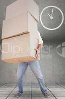 Composite image of man carrying pile of boxes
