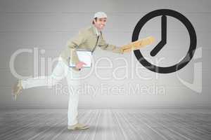 Composite image of happy delivery man running while holding parc