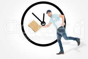 Composite image of happy delivery man running with package
