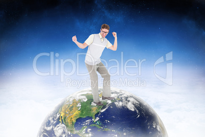 Composite image of geeky hipster dancing and smiling