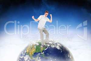 Composite image of geeky hipster dancing and smiling