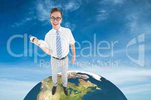 Composite image of geeky happy businessman lifting dumbbell