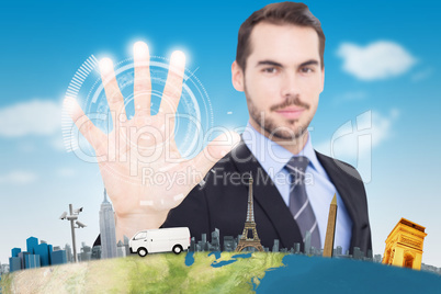 Composite image of smiling businessman with fingers spread out