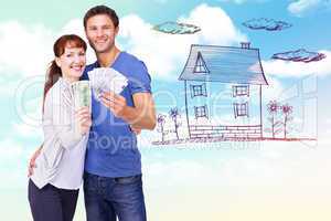 Composite image of couple holding fans of cash